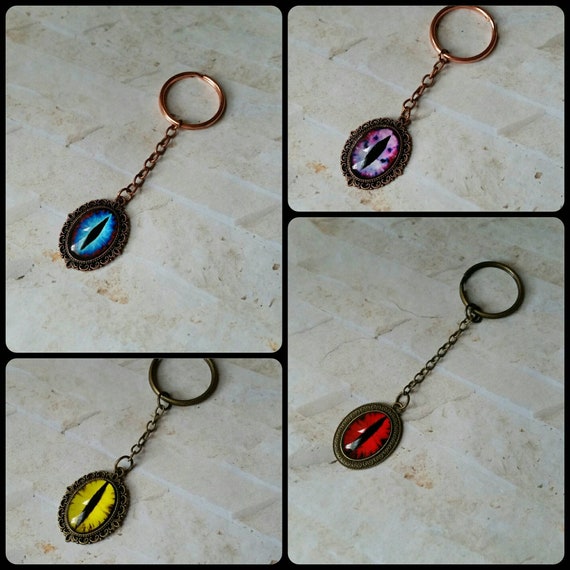 Dragon eye keychains, keychain, key fob, key ring, copper and bronze, glass eye cabochon, bright colors, sturdy keychain, eye keychains