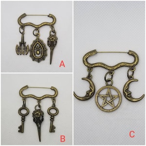 Goth brooch pin, Pagan jewelry, three charm pin, Spooky jewelry, Goddess pin, Raven skull pin, cosplay jewelry, Goth jewelry, bronze pin