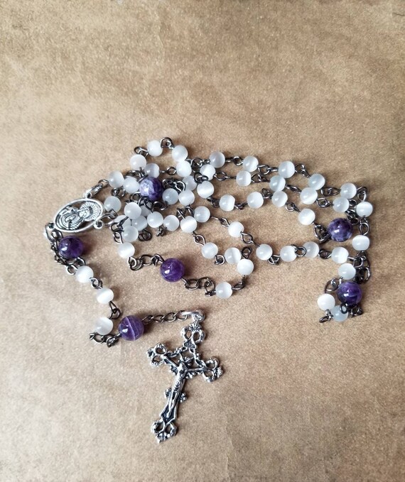 Five decade rosary, Catholic, Amethyst and ivory Cat eye, gunmetal, Sacred Heart of Jesus center, silver-toned metal crucifix, religious