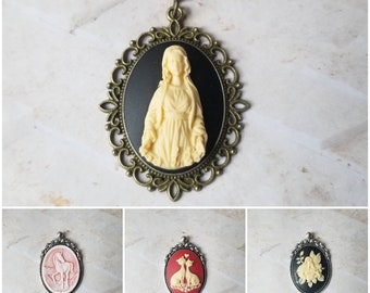 Cameo pendant, cameo necklace, Madonna cameo pendant, unicorn cameo pendant, cat cameo pendant, Faerie on flower cameo pendant