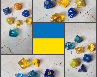Show your support for Ukraine, 16mm dnd dice sets, themed hand picked dnd dice, curated set, polyhedral dice, gaming dice, Ukrainian colors