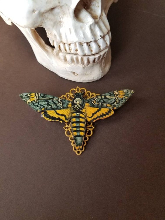 Deaths Head moth brooch, Death's head moth pin, antique gold accents, wood lasercut moth, Hawk moth, Death head moth jewelry, unique brooch