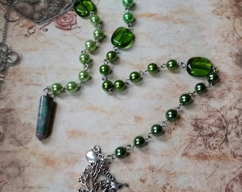 Lammas prayer beads, pagan prayer beads, Lughnasadh prayer beads, stainless steel, glass pearls, Moss Agate, tree with bird charm, acorn