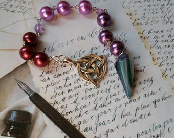 Mabon prayer beads, pagan prayer beads, Mabon witches prayer beads, stainless steel, glass pearls, Triquetra, purple and green pendulum