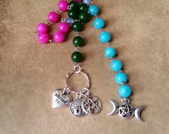 Ostara prayer beads, pagan prayer beads, witches prayer beads, stainless steel, Malay jade, Triple Goddess charm, Blessed Be, tree of life