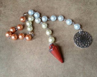 Samhain prayer beads, Samhain witches prayer beads, pagan prayer beads, stainless steel, glass pearls, Red Jasper pendulum, flower of life