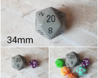 Gray and black 34mm Jumbo d20, dnd dice, oversized d20, jumbo sized d20, dnd d20, dnd dice, ttrpg dice, 34mm jumbo dnd d20