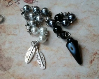 Litha prayer beads, pagan prayer beads, ash prayer beads, Midsummer prayer beads, Summer solstice, glass pearls, black onyx, feather charms