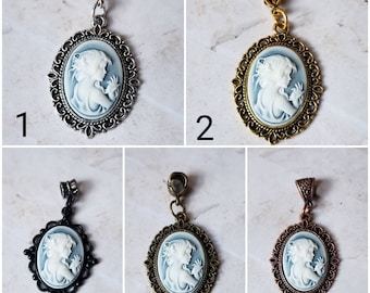 Girl with pearls cameo, Wedgewood blue and white cameo pendant, Victorian cameo necklace, Wedgewood blue cameo jewelry, Victorian woman