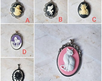 Cameo pendant, cameo necklace, Goth cameo pendant, pegasus cameo, faerie cameo, witch cameo, unicorn cameo, black rose cameo, pink cat cameo
