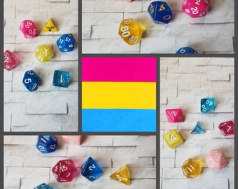 Pansexual flag 16mm dnd dice, hand chosen, curated set of polyhedral gaming dice, DnD dice set, RPG dice, LGBTQ dice