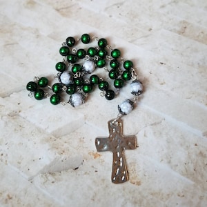 Anglican Prayer beads, religious, stunning green and white glass Episcopal, Protestant, Methodist prayer beads, hammered cross
