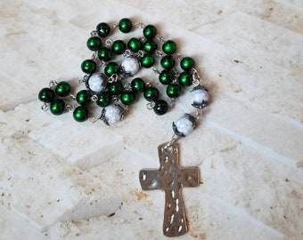 Anglican Prayer beads, religious, stunning green and white glass Episcopal, Protestant, Methodist prayer beads, hammered cross