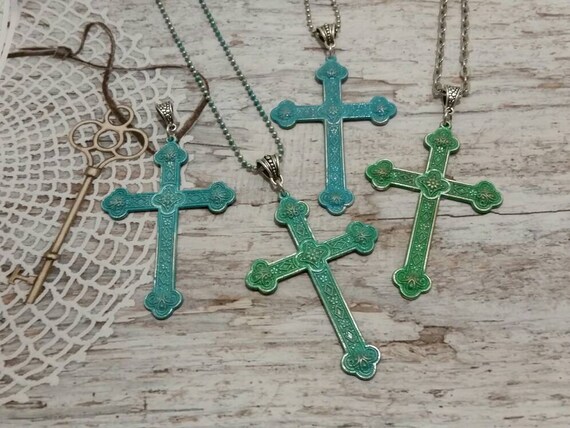 Patinaed silver crosses, hand painted cross pendant, verdigris cross, cross necklace, religious jewelry, crucifix pendant, large crosses