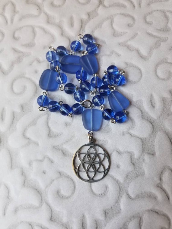 UU Prayer beads, Unitarian universalist prayer beads, stainless steel, hand wired, blue glass, blue sea glass, silver toned flower of life