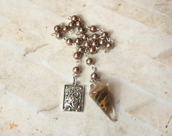 Beaded pendulum, divination, dowsing pendulum, gemstone pendulum, stainless steel, hand-wired, brown glass pearls, metal charm