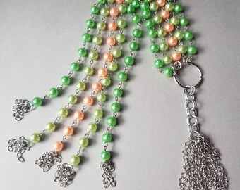 Baha'i prayer beads, Baha'i 95 bead prayer strand, new style, green and peach glass pearls, prayer aid, 5 strands of 19, handmade tassel