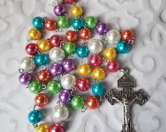 Lutheran prayer beads, Lutheran rosary, stainless steel, hand-wired, glass pearls, Pardon crucifix, Easter colors, jelly bean color