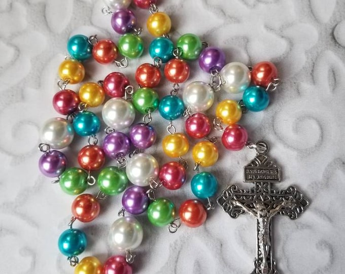 Featured listing image: Lutheran prayer beads, Lutheran rosary, stainless steel, hand-wired, glass pearls, Pardon crucifix, Easter colors, jelly bean color