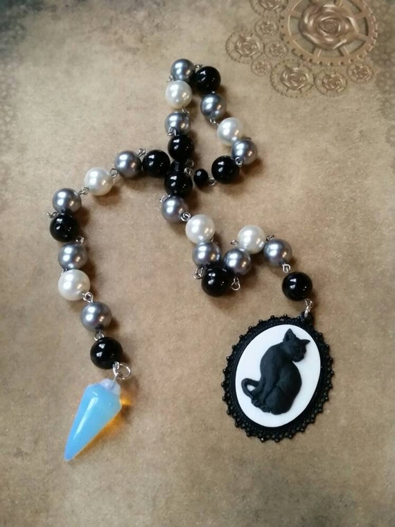 Samhain prayer beads, pagan prayer beads, witches prayer beads, stainless steel, moon phase prayer beads, glass pearls, Opalite, black cat
