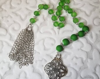 Baha'i prayer beads, 19 and 5 prayer beads, hand-wired, stainless, green sea glass, Celtic knot charm, handmade tassel, rubberized beads