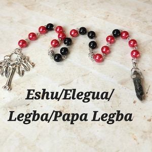 Eshu/Elegua/Legba/Papa Legba prayer beads, Yoruban Orisha prayer beads, hand-wired, beautiful beads, silver-toned charms,