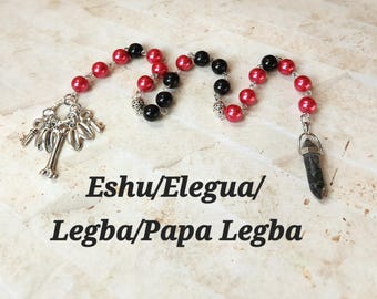 Eshu/Elegua/Legba/Papa Legba prayer beads, Yoruban Orisha prayer beads, hand-wired, beautiful beads, silver-toned charms,