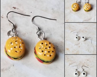 Whimsical earrings, kitschy earrings, food earrings, hamburger earrings, beverage earrings, coffee earrings