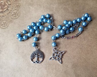 Witches ladder, pagan prayer beads, Wiccan beads, stainless steel, blue satin matte glass, Witches knot charm, tree of life charm, Wiccan