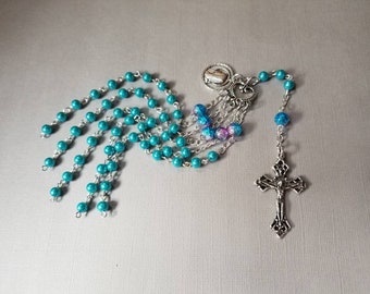 Catholic open style five decade rosary, silver, teal glass pearls, Blessed Virgin, Lady of Lourdes medal, Italian-made crucifix, religious,