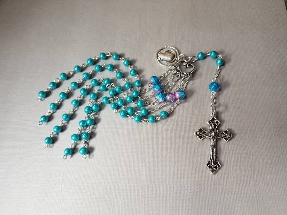 Open style five decade rosary, silver, teal glass pearls, Blessed Virgin, Lady of Lourdes medal, Italian-made crucifix, religious, Catholic