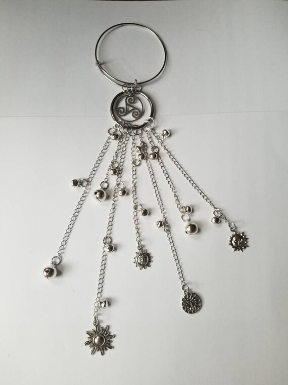 Witch bells, silver witch bells, faerie bells, protection bells, witches protection bells, bells for doors, triskell witches bells, suns