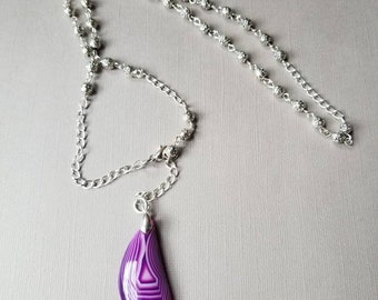 Witches ladder, silver metal pentagram beads, Witches ladder prayer beads, purple agate pendant, pendulum, Witch ladder necklace,