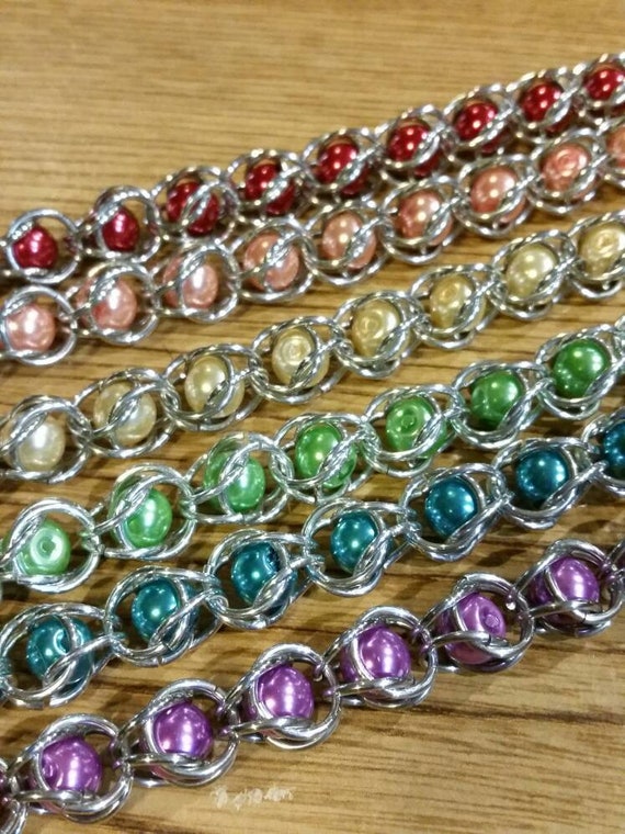 Captive bead bracelet, captured pearl jewelry, chain maille bracelet, silver and glass pearls, rainbow colors, captured bead jewelry
