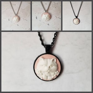 Cat cameo pendant, cat cameo necklace, pink and white cat cameo, kitty cameo necklace, kitty necklace, cat jewelry,  Witches familiar cameo