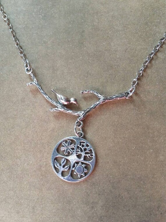 Four seasons necklace, four seasons jewelry, tree branch connector, silver toned charm, nature necklace, pagan jewelry, four seasons charm