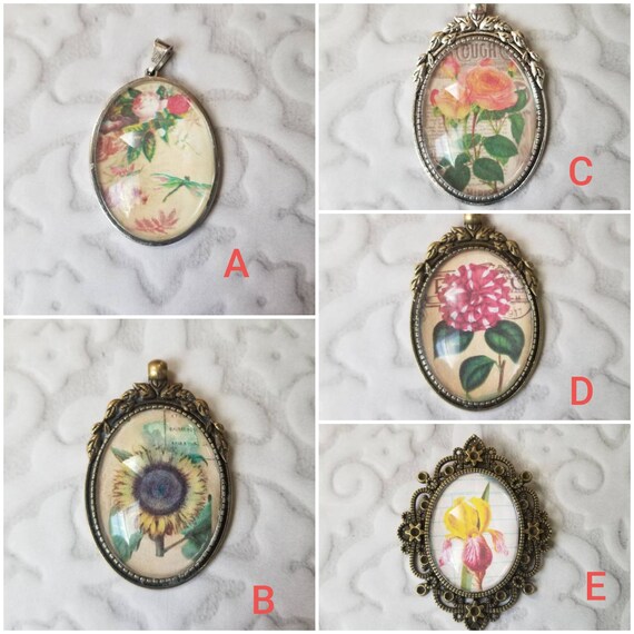 Flower pendant, photo behind glass, floral pendants, glass cabochons, assorted photo jewelry, vintage look photo jewelry, old photos