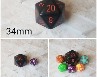 Black and red 34mm Jumbo d20, dnd dice, oversized d20, jumbo sized d20, dnd d20, dnd dice, ttrpg dice, 34mm jumbo dnd d20