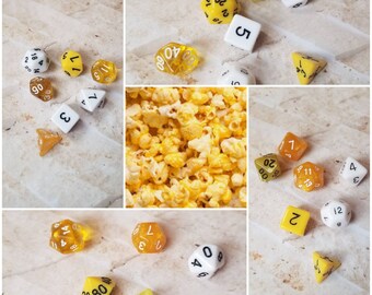 Buttered Popcorn inspired 16mm dice sets, dnd dice sets, themed hand picked dnd dice, curated set, polyhedral dice, RPG dice,