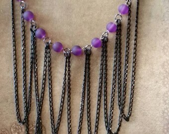 Bib chain necklace, drape necklace, chain jewelry,  multi length chain necklace, gunmetal and black, purple frosted sea glass