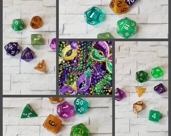 Sets of 7 Mardi Gras 16mm dnd dice, polyhedral gaming dice, DnD dice set, D and D dice, gaming dice, curated sets, Mardi Gras colors