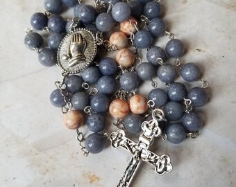 Catholic Five decade rosary, Gray and Redline Marble, handmade, silver tone, praying hands center, large budded crucifix, religious,
