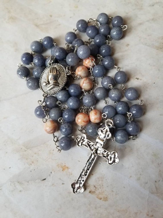 Five decade rosary, Gray and Redline Marble, handmade, silver tone, praying hands center, large budded crucifix, religious, Catholic