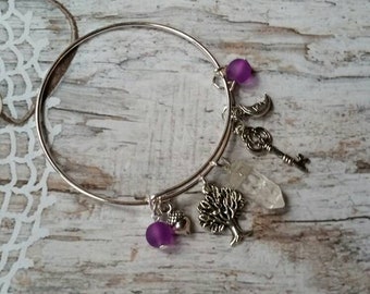Lammas bangle, expandable bangle, Lammas jewelry, matches prayer beads, Lughnasadh bracelet, quartz pendulum, sea glass, Cimaruta jewelry