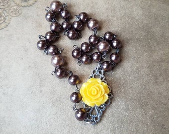 Unitarian Universalist prayer beads, UU prayer beads, Universal Unitarian, brown glass pearls, gunmetal and silver, yellow rose, UU, OOAK