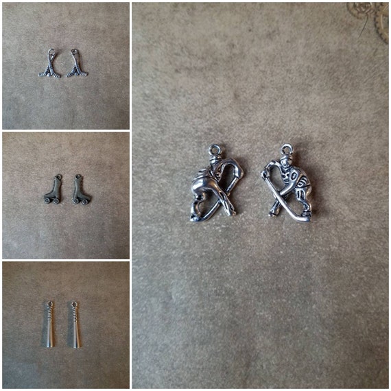 Destash charms, silver or bronze toned, metal sports charms, choice of four, hockey charms, skates, baseball bat, destash sports charms