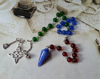 Yule prayer beads, pagan prayer beads, witches prayer beads, stainless steel, sea glass beads, blue Agate pendulum, witches knot, cauldron