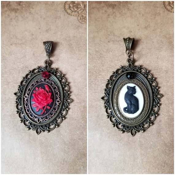 Black cat pendant, cat pendant, red rose cameo, Goth jewelry, black cat jewelry, Witches familiar, Belle's rose, bronze bezels, Czech glass
