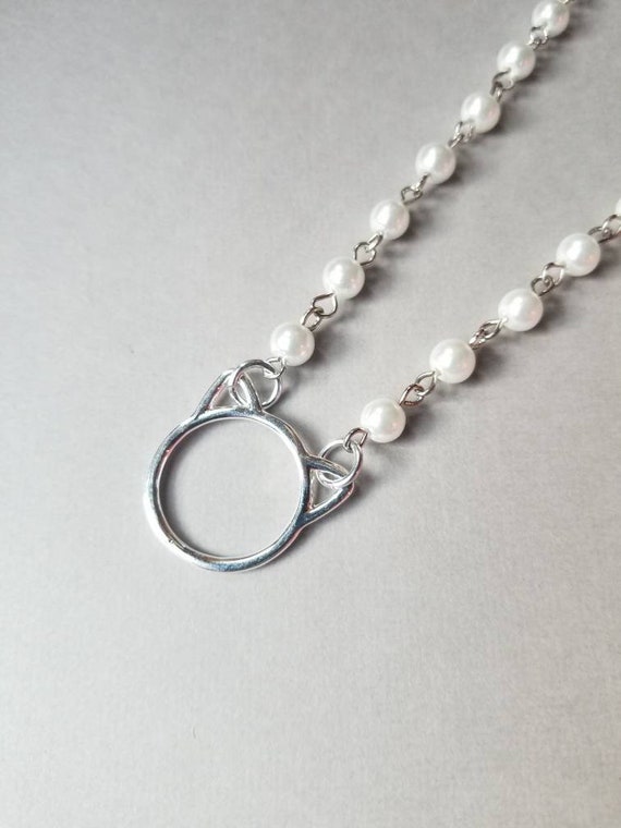 Kitten day collar, discreet day collar, white glass pearls, BDSM collar, cat ear O ring necklace, stainless steel, cat O ring, Valentine