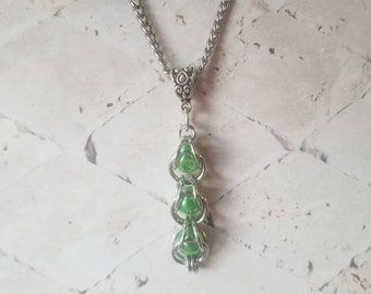 Captive pearl pea pod pendant, pea pod jewelry captured bead necklace, chain maille necklace, green pea pod necklace, unique gift idea